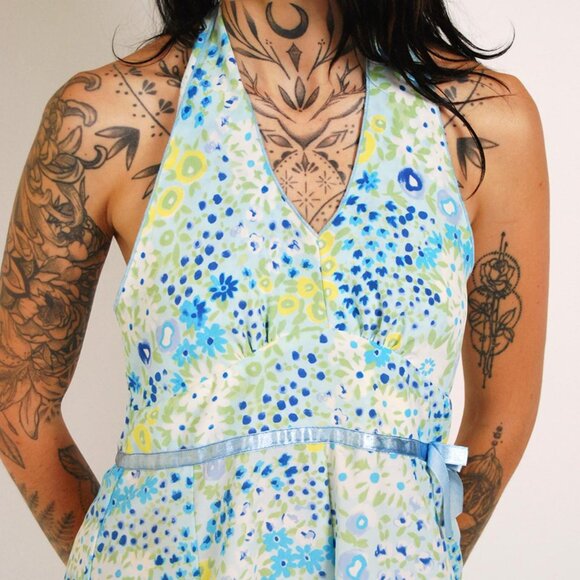 Floral Halter Dress (S/M) vintage 90s blue impressionist small - Picture 7 of 7